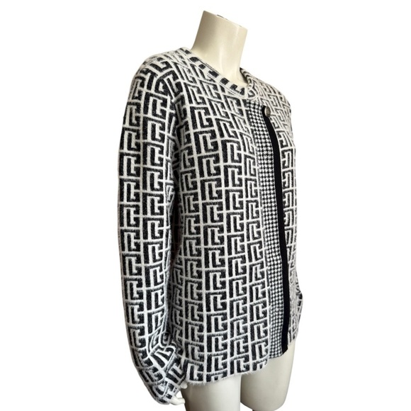 Luxury Knit Sweater Jacket Black + White Geometric Monogram Women's Large - Picture 5 of 15